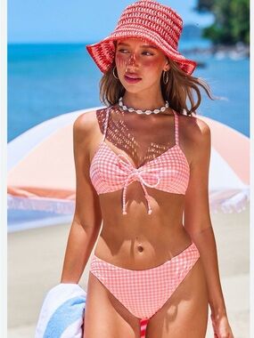 NWT Cupshe Pink Gingham Tie-Front Bikini, Size M